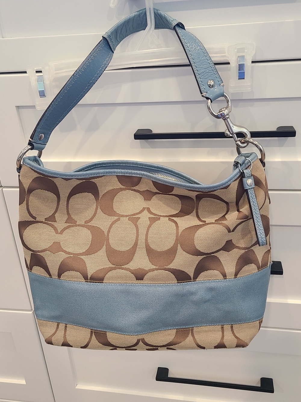 Coach Beige Signature Canvas Hobo with Light Blue Leather Trim